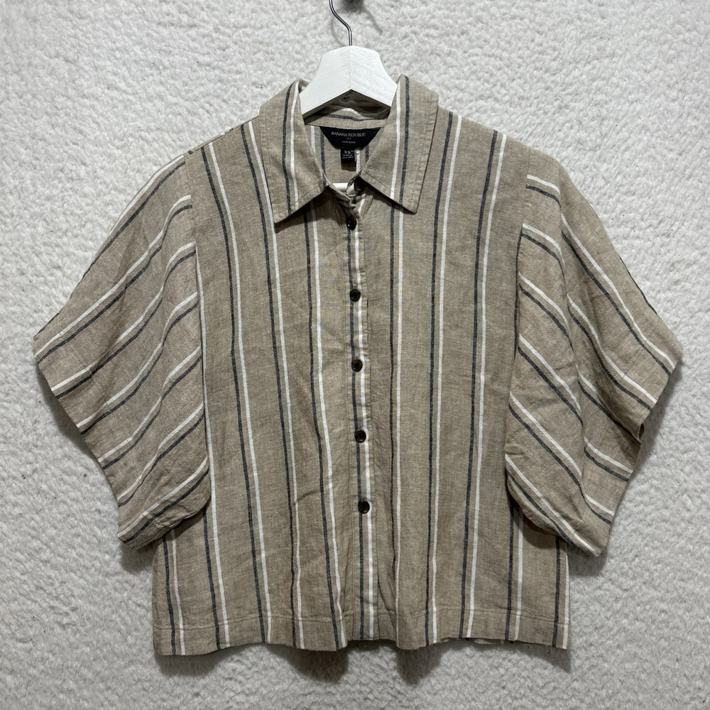 Banana Republic Boxy Cropped Top Women's XS Tan Multicolor Stripes Linen Blend